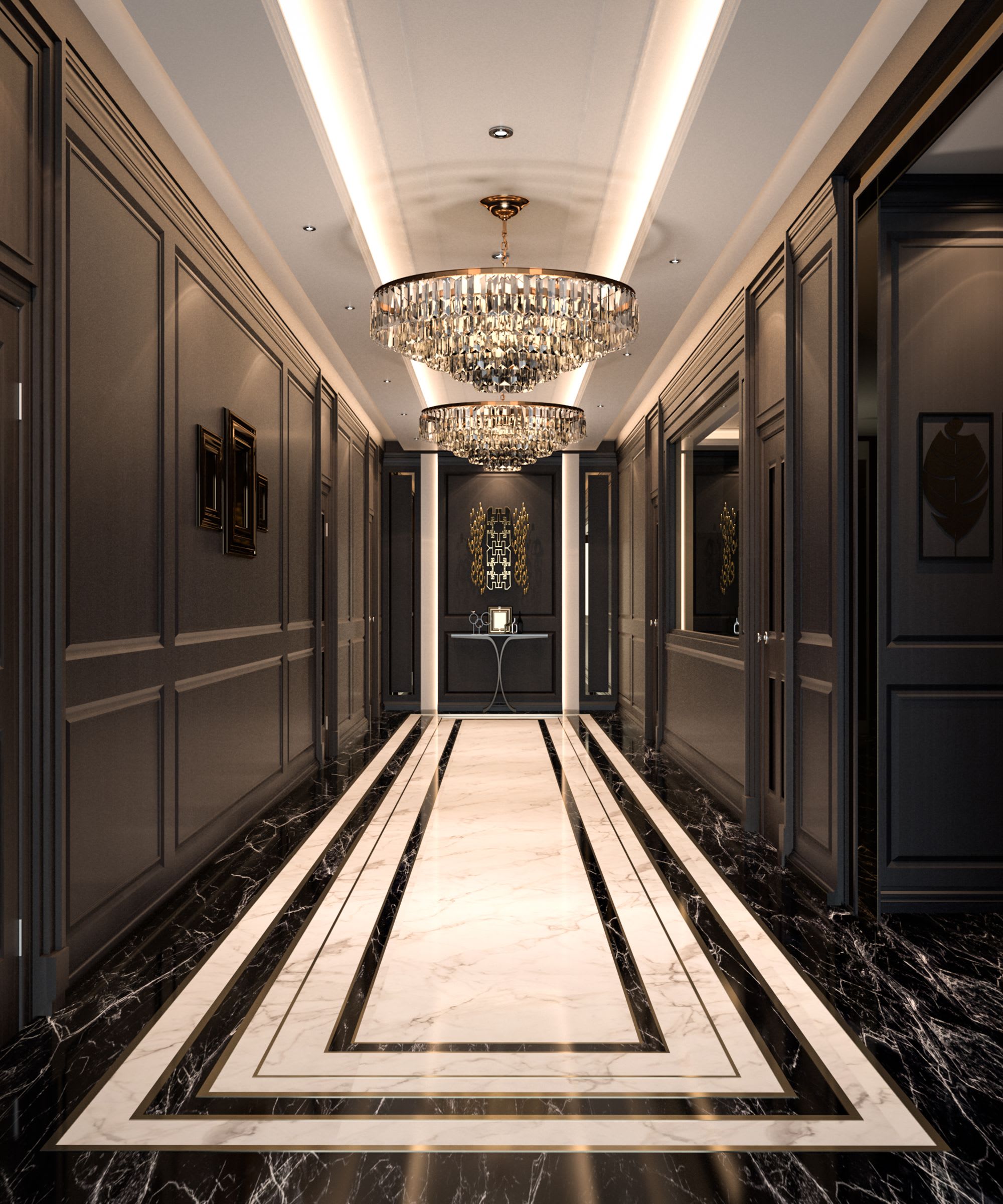 Chandelier-lit hallway in a residence available for film rentals